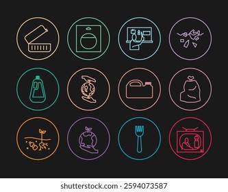 Set line Stop plastic pollution, Garbage bag, Hands holding Earth globe, Bottle for dishwashing liquid, Lunch box, Canister machine oil and Battery pack icon. Vector