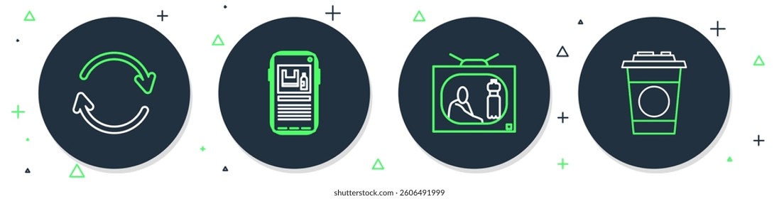 Set line Stop plastic pollution, Refresh and Paper glass icon. Vector