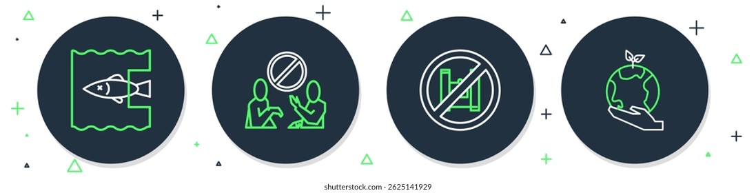 Set line Stop plastic pollution, Say no bags poster, ocean and Hand holding Earth globe icon. Vector