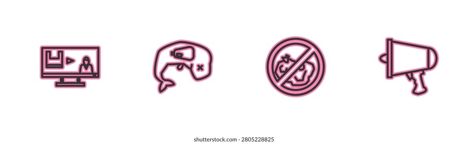 Set line Stop plastic pollution, No trash, Environment protection whale dead and Spread the word, megaphone icon. Vector
