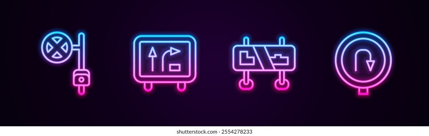 Set line Stop sign with camera, Road traffic,  and Turn back road. Glowing neon icon. Vector