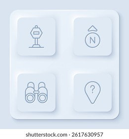 Set line Stop sign, Compass, Binoculars and Unknown route point. White square button. Vector