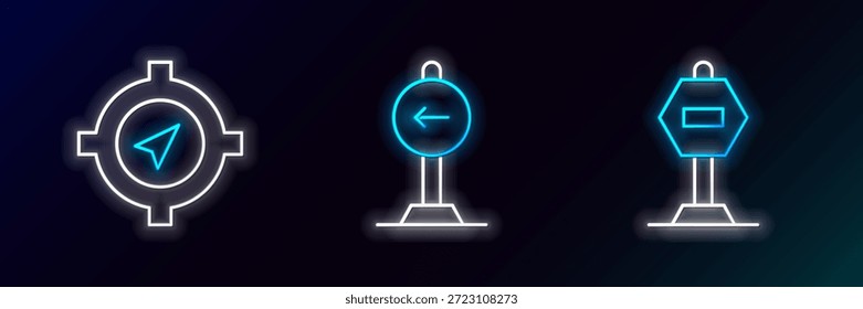 Establecer la señal de parada de línea, Brújula y Tráfico gire a la izquierda icono. Brillante neón. Vector