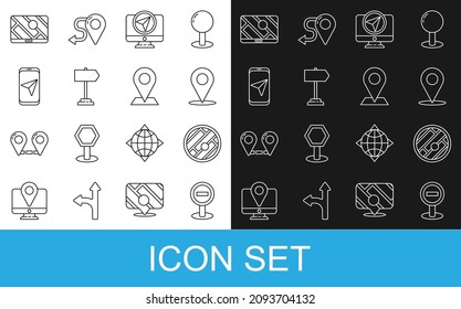 Establecer el signo de parada de línea, mapa plegado con ubicación, ubicación, marcador de monitor, tráfico de carretera, navegación de ciudad e icono. Vector