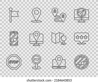 Fijar el signo de parada de línea, mapa plegado con la ubicación, ruta, marcador de ubicación, monitor, portátil y icono de estrella del puntero Map. Vector