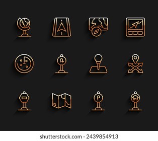 Set line Stop sign, Folded map, Earth globe, Parking, Hotel for traffic, Turn back road, Location and Push pin icon. Vector