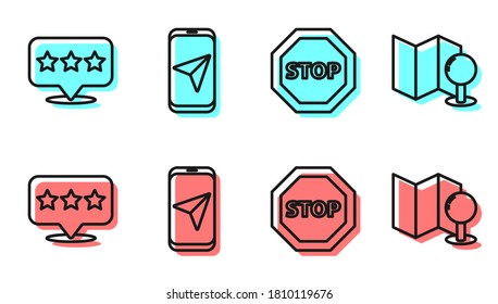 Set line Stop sign, Map pointer with star, City map navigation and Folded map with push pin icon. Vector
