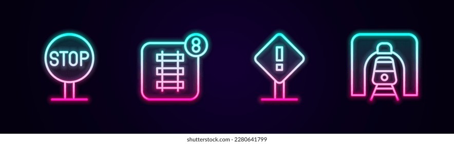 Setzen Sie die Linie Stopp-Schild, Online-Ticketbuchung, Ausrufezeichen-Platz und Zugbahntunnel ein. Leuchtendes Neonsymbol. Vektorgrafik