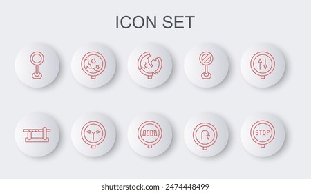 Set line Stop sign, Parking car barrier, Road traffic, Turn back road, warning rockfall, Fork the and Pedestrian crosswalk icon. Vector