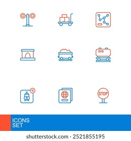 Señal de parada de línea, pasaporte, reserva de boletos en línea, cisterna de ferrocarril de petróleo, túnel de ferrocarril, vagón de tren de carbón, mapa e icono de maleta de carro. Vector