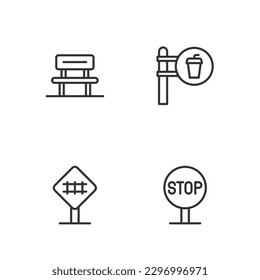 Fijar la señal de parada de línea, paso de ferrocarril, sala de espera y el icono de ubicación del café y restaurante. Vector