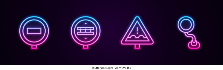 Set line Stop sign, Railroad crossing, Uneven ahead and Road traffic. Glowing neon icon. Vector