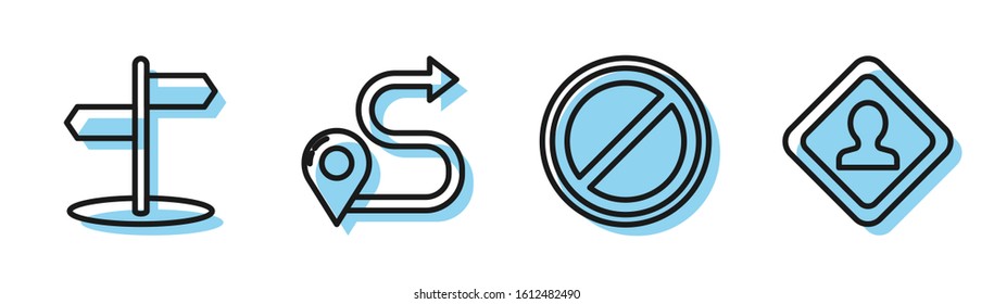 Set line Stop sign, Road traffic sign, Route location and Road traffic sign icon. Vector
