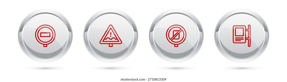 Set line Stop sign, Uneven road ahead, No cell phone and Road traffic. Silver circle button. Vector