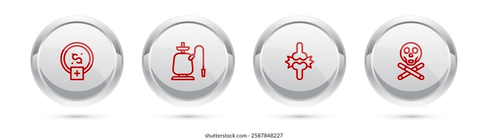 Set line Stop smoking, money saving, Hookah, Joint pain, knee pain and Bones and skull. Silver circle button. Vector