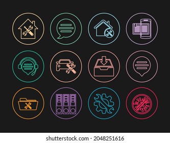 Set line Stop virus, bacteria, Speech bubble chat, House service, Car, Headphones with speech, Download inbox and  icon. Vector