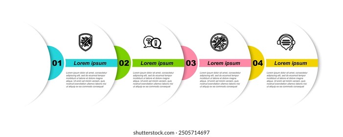Set line Stop virus, bacteria, Question and Exclamation,  and Headphones with speech bubble chat. Business infographic template. Vector