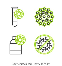 Set line Stop virus, Bottle with, Virus and Test tube icon. Vector