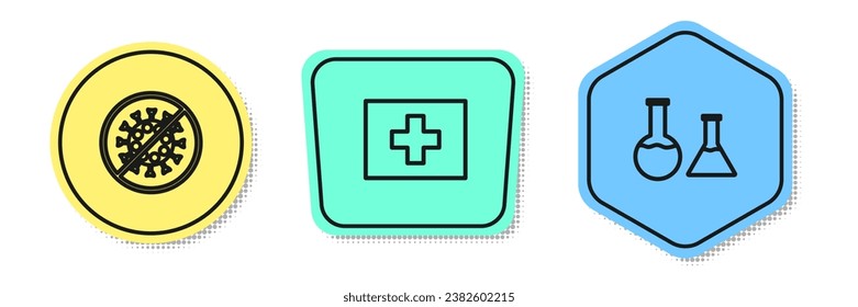 Set line Stop virus, First aid kit and Test tube and flask. Colored shapes. Vector