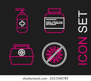 Set line Stop virus, First aid kit, Medicine bottle and pills and Bottle of liquid antibacterial soap icon. Vector