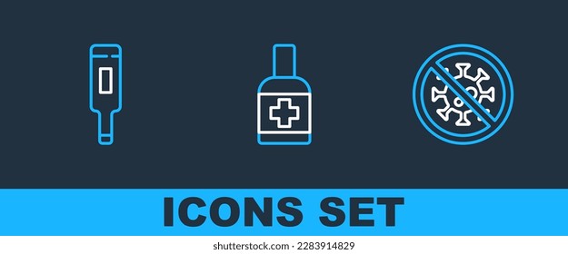 Set line Stop virus, Medical thermometer and Liquid antibacterial soap icon. Vector