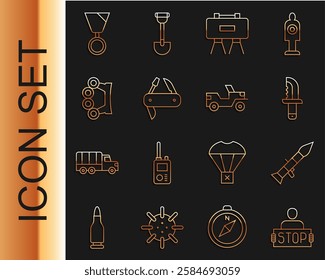 Set line Stop war, Rocket launcher, Military knife, mine, Swiss army, Brass knuckles, reward medal and jeep icon. Vector