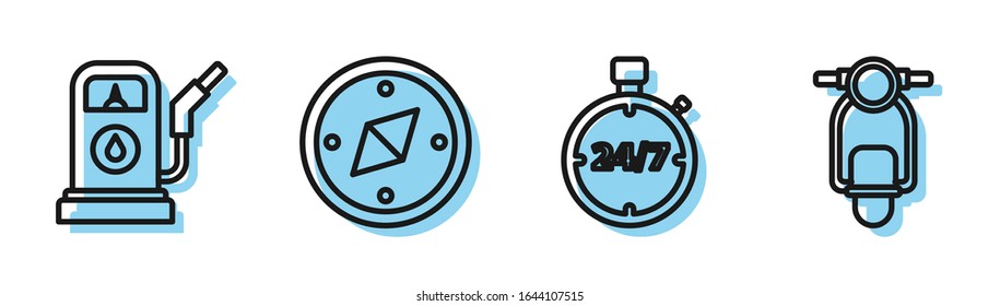 Set line Stopp Uhr 24 Stunden, Benzin- oder Tankstelle, Kompass und Scooter Symbol. Vektorillustration