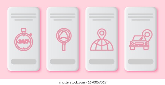 Set line Stopwatch 24 hours, Magnifying glass and taxi car, Location on the globe and Map pointer with taxi. White rectangle button. Vector