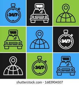Set line Stopwatch 24 hours, Location on the globe and Taxi car icon. Vector