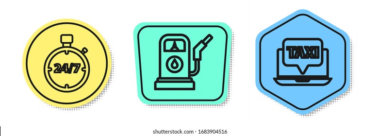 Set line Stopwatch 24 hours, Petrol or Gas station and Laptop call taxi service. Colored shapes. Vector