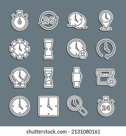 Set line Stopwatch 24 hours, Calendar date delete, Clock, speech bubble, Old hourglass, Time Management, and icon. Vector