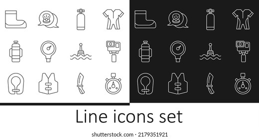 Fijar la línea Stopwatch, la cámara Action Extrema, Aqualung, la escala de los indicadores, los boots, la boya flotante y el icono de la concha marina de vieira. Vector
