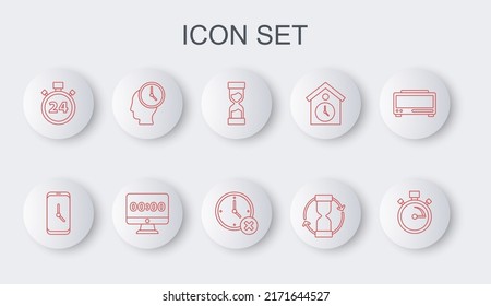 Set line Stopwatch, Alarm clock app mobile, Old hourglass, 24 hours, Time Management, Clock on monitor and delete icon. Vector