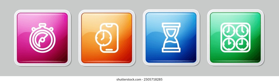 Set line Stopwatch, Alarm clock app mobile, Old hourglass and Time zone clocks. Colorful square button. Vector