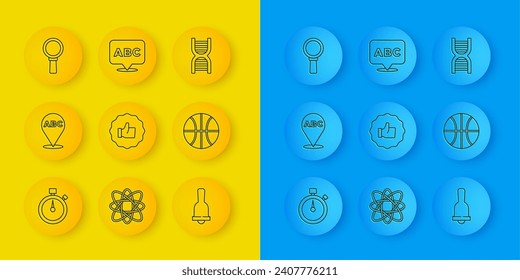 Set line Stopwatch, Alphabet, Hand thumb up, Ringing bell, Basketball ball, Magnifying glass, DNA symbol and  icon. Vector