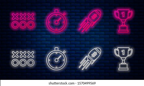 Set line Stopwatch, American Football ball, Planning strategy concept and Award cup. Glowing neon icon on brick wall. Vector