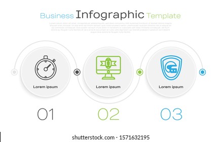 Set line Stopwatch, American football on tv program and American football helmet and shield. Business infographic template. Vector