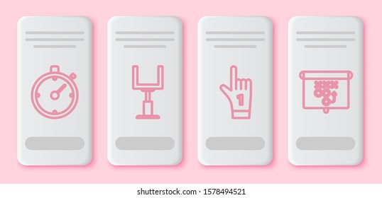Set line Stopwatch, American football goal post, Number 1 one fan hand glove with finger raised and Planning strategy concept. White rectangle button. Vector