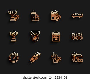 Set line Stopwatch, American Football ball, Award cup and football, Number 1 one fan hand glove with finger raised american, helmet, medal, Planning strategy concept and  icon. Vector