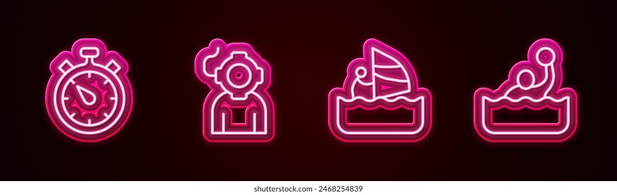 Set line Stopwatch, Aqualung, Windsurfing and Water polo. Glowing neon icon. Vector