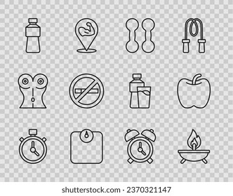 Set line Stopwatch, Aroma candle, Dumbbell, Bathroom scales, Bottle of water, No Smoking, Alarm clock and Apple icon. Vector