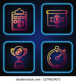 Set line Stopwatch, Award cup and American football ball, Planning strategy concept and American football on tv program. Gradient color icons. Vector