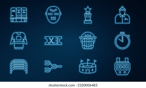 Set line Stopwatch, Award cup, Hockey sports ticket, jersey, Locker changing room, helmet and mask icon. Vector