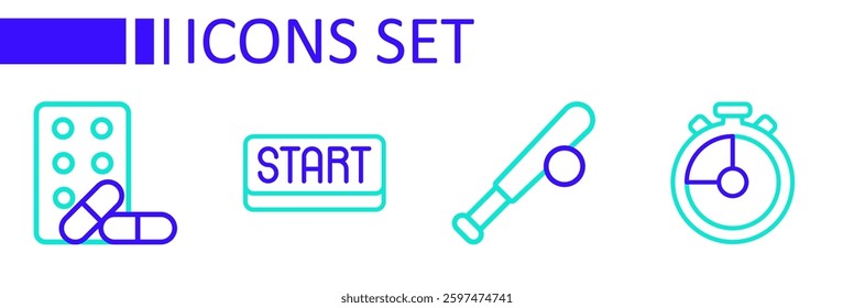 Set line Stopwatch, Baseball bat with ball, Ribbon in finishing line and Sports doping dumbbell icon. Vector