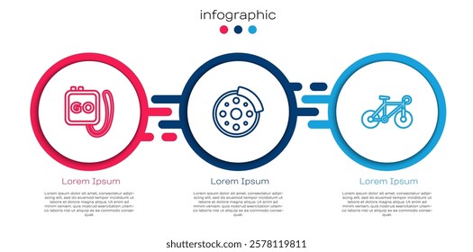 Set line Stopwatch, Bicycle brake disc and . Business infographic template. Vector