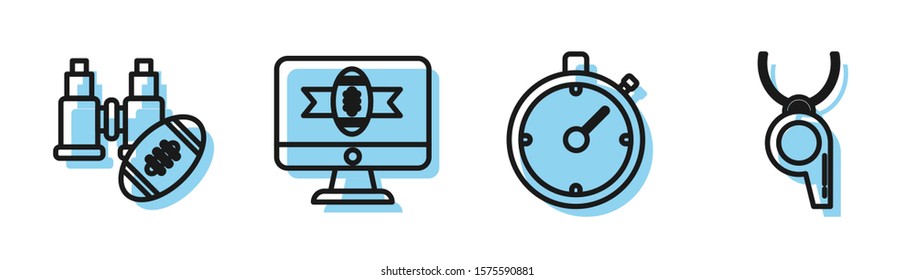 Set line Stopwatch, Binoculars and american football ball, American football on tv program and Whistle icon. Vector