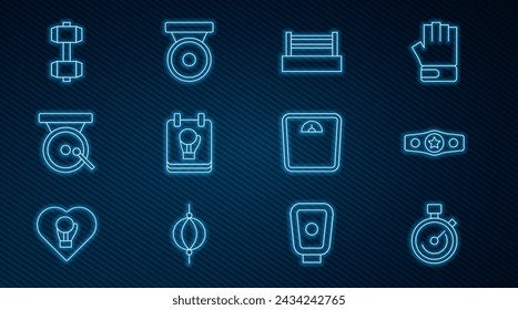 Set line Stopwatch, Boxing belt, ring, glove, gong, Dumbbell, Bathroom scales and  icon. Vector