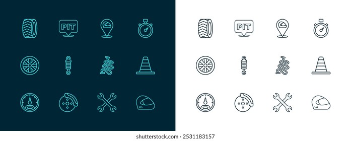 Cronómetro de línea, disco de freno de coche con pinza, pista de carreras, llave inglesa, amortiguador, casco, rueda de neumático e ícono de parada en boxes. Vector