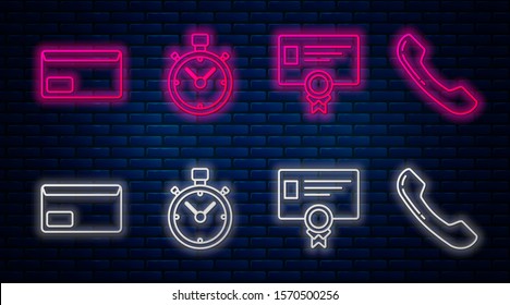 Set line Stopwatch, Certificate template, Envelope and Telephone handset. Glowing neon icon on brick wall. Vector