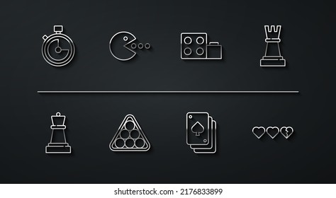 Set line Stoppuhr, Schach, Spielkarten, Billardbälle Dreieck, Pacman mit Essen, Herz für Spiel und Spielzeug Baustein-Symbol. Vektorgrafik